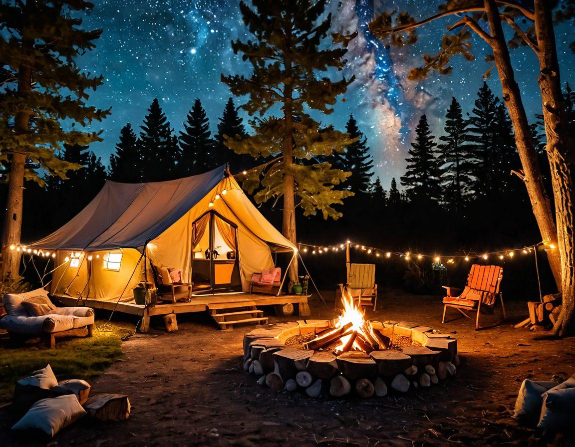 A cozy backyard campsite featuring a luxurious glamping tent adorned with fairy lights, plush pillows, and a crackling fire pit surrounded by wooden logs. In the background, a starry night sky and silhouettes of trees create a tranquil atmosphere. Add a playful vibe with camping gear like backpacks and colorful hammocks hanging nearby. Capture the essence of adventure and relaxation. vibrant colors. illustration.