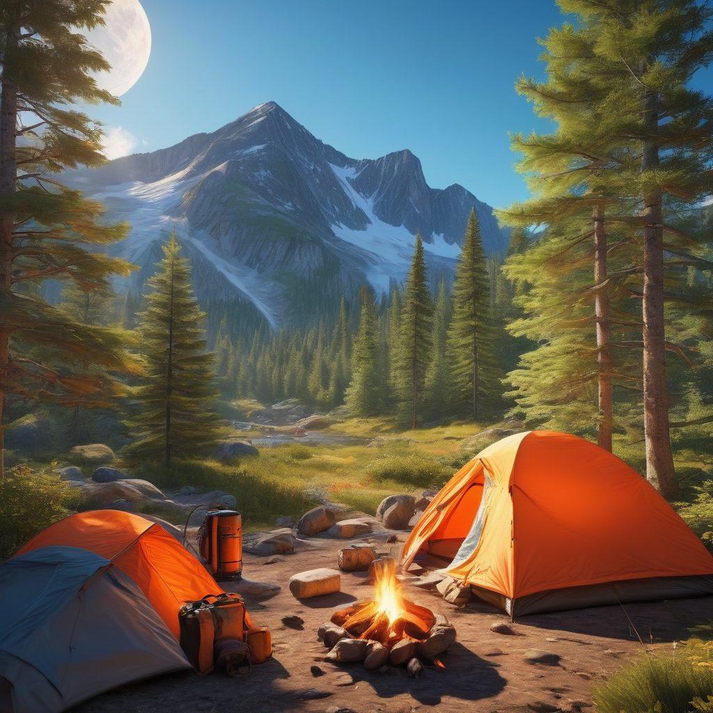 A tranquil campsite surrounded by lush green trees, featuring a bright orange tent and a cozy campfire with glowing embers. Scattered camping gear like backpacks, hiking boots, and a map lay nearby, while a breathtaking mountain range is visible in the background under a clear blue sky. Wolves howling at the moon brighten the atmosphere with a sense of adventure and exploration. super-realistic. vibrant colors. 3D.
