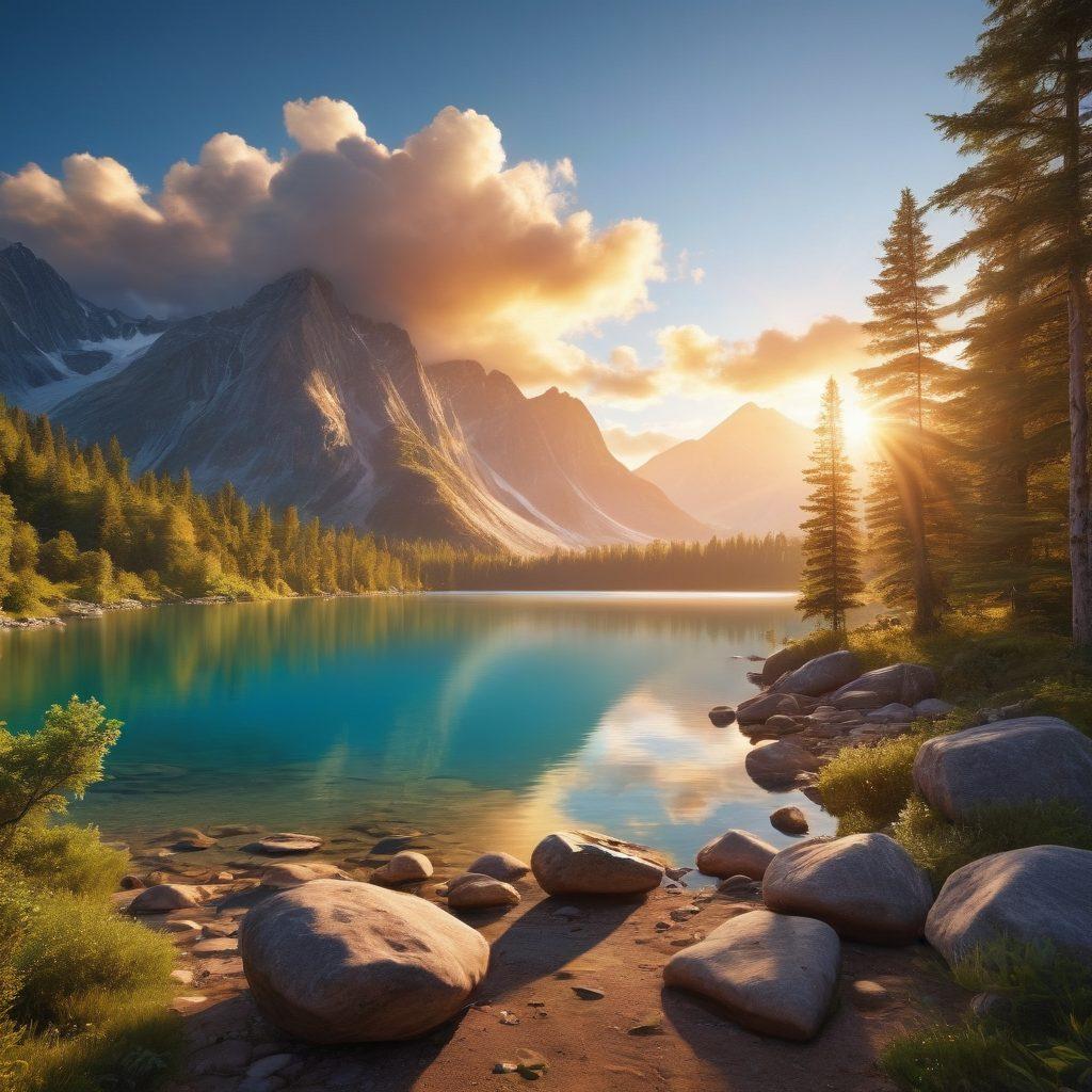 A breathtaking outdoor scene showcasing a variety of landscapes: towering mountains, lush green forests, and a peaceful lake reflecting the sky. Include a diverse group of travelers engaging in activities like hiking, kayaking, and enjoying a campfire, with backpacks and travel gear scattered around. The sky is a vibrant blue with fluffy white clouds, and the setting sun casts a warm golden glow over the scenery. super-realistic. vibrant colors. 3D.